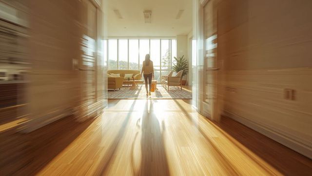 Woman walking into sunlit living room carrying tote bag and casting long shadow