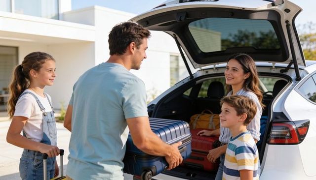 Family loading luggage into suv for weekend road trip in suburban driveway with happy kids