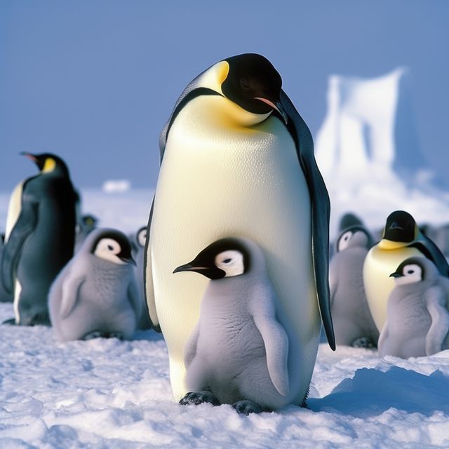 Close up of emperor penguin standing with chicks in snow, created using generative ai technology. Nature, animal and wildlife concept digitally generated image.