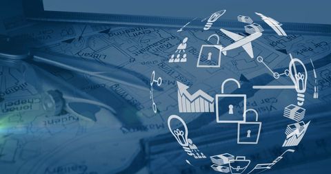 Digital Technology Globe Overlaying Blueprints