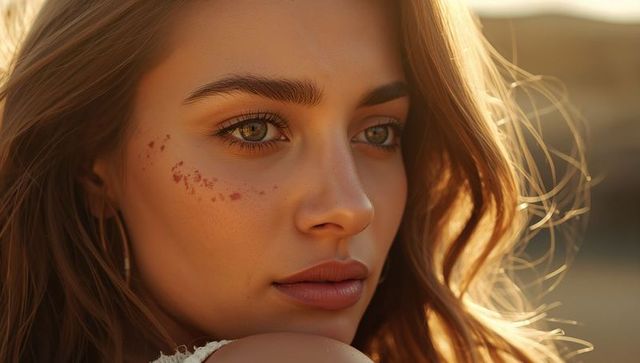 Golden-hour close-up woman turning with hoop earring and red freckle makeup
