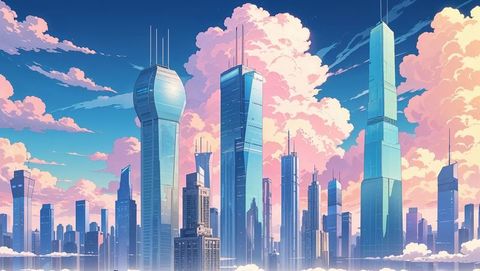 Futuristic anime skyscrapers lifted above fog against pastel sky
