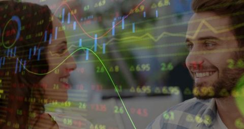 Smiling Coworkers Analyzing Digital Financial Charts at Office