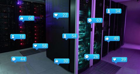 Glowing server room with social media notifications overlay