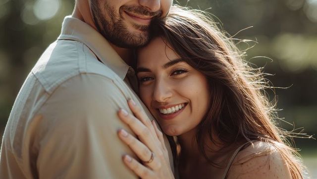 Sunlit park embrace closeup showing smiling woman with freckles and visible ring