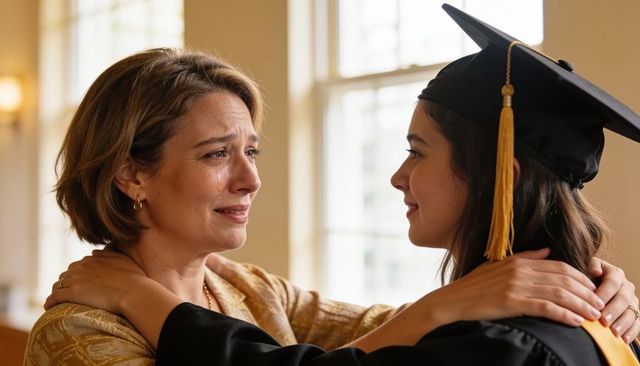 Tearful mother embracing daughter in graduation cap and gown emotional commencement moment