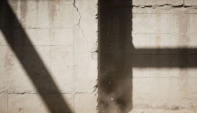 Weathered concrete wall with vertical recessed joint releasing dust and shadow bands
