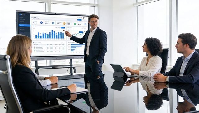 Executive presenting financial dashboard on digital screen during modern boardroom meeting