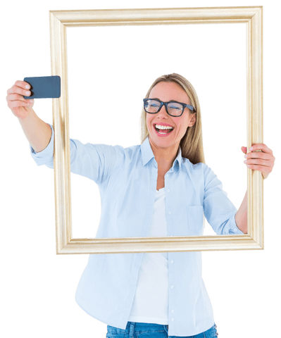 blonde woman taking selfie with gold frame transparent background - Download Free Stock Videos Pikwizard.com