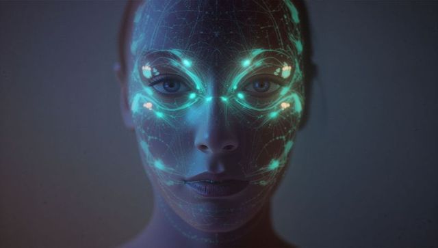 Woman's Face with Biometric Neural Mapping in Futuristic Tech Style