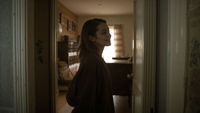 Young woman standing in doorway smiling back over shoulder in cozy sunlit home hallway