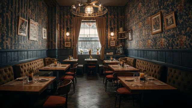 Cozy vintage bistro interior with tufted banquettes, candlelit tables and window light