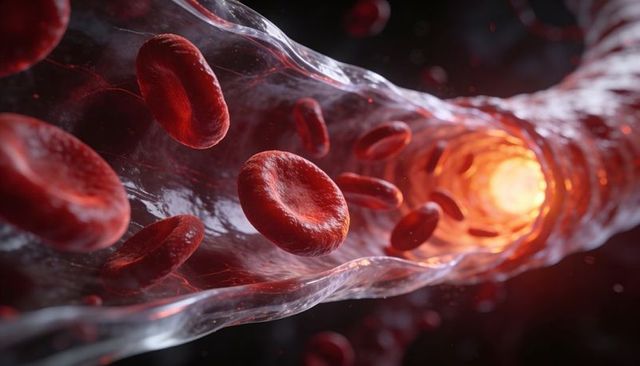 Flowing red blood cells moving through vessel lumen toward glowing light, 3d medical illustration