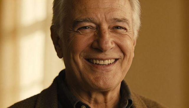 Smiling senior man with gray hair and warm sunlit smile wearing brown sweater
