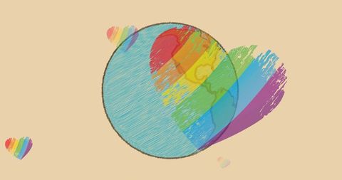 Sketch-style globe featuring diagonal rainbow heart and floating hearts, pride concept