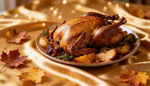 Golden roast turkey resting on platter with roasted potatoes and autumn leaves