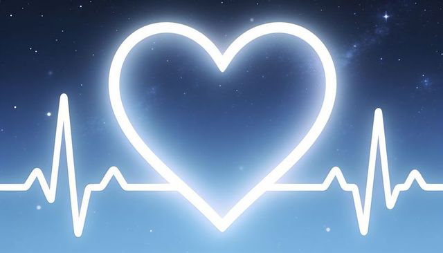 Glowing neon heartbeat line forming heart shape over starry blue gradient night sky