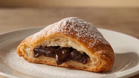 Camera pulling in on croissant oozing warm chocolate ganache, powdered sugar falling