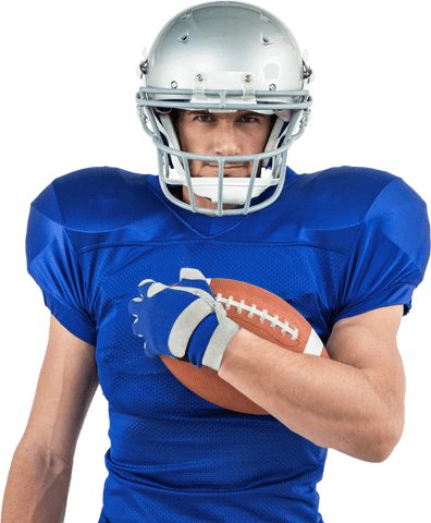 Transparent american football player holding ball in blue gear