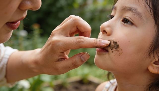 Caregiver wiping soil from child cheek in garden closeup nurturing outdoor moment