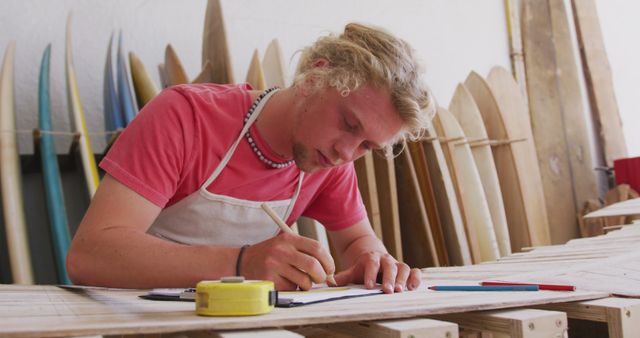 Young craftsman concentrating on measuring and sketching while working on surfboards. Ideal for content related to woodworking, craftsmanship, creativity, and handmade product creation. Can be used in articles about artisans, instructional materials for woodworking, or promotional content for handmade goods.