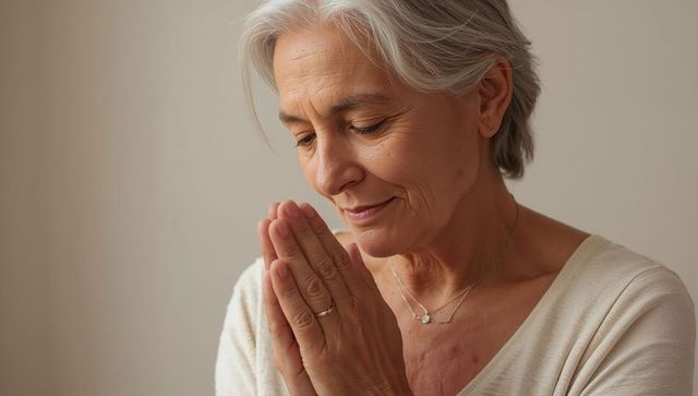 Serene mature woman praying, hands clasped near face, minimalist beige interior