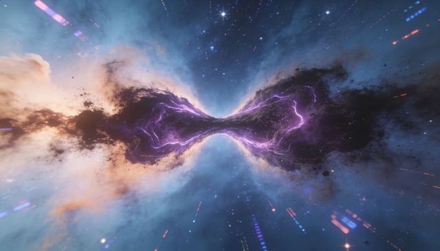 Hourglass nebula portal forming with purple electric filaments and starfield conduit