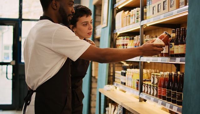 Grocery staff inspecting jar on shelf, employees stocking condiments and reading labels