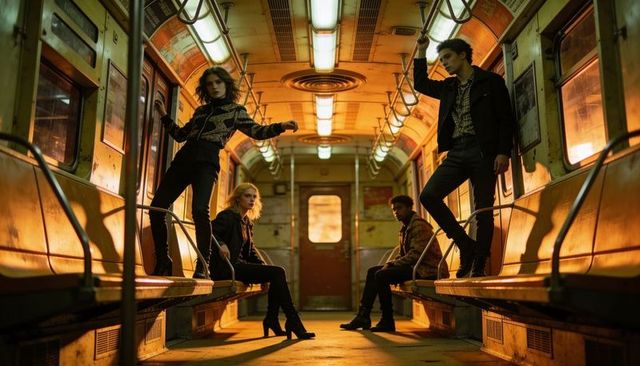 Edgy streetwear editorial with four models posing in vintage subway car under amber lights