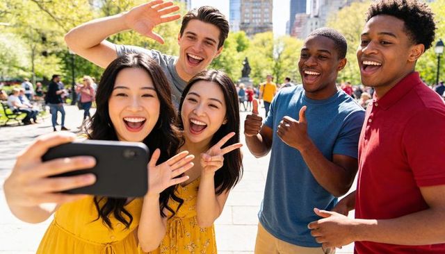 Group of friends taking outdoor selfie in sunny city park, laughing and giving thumbs up
