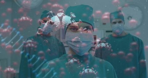 Female Surgeon and Medical Team with Viral and DNA Overlay
