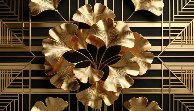Gilded ginkgo leaves sculptural wall panel with art deco geometric grid for luxury interior