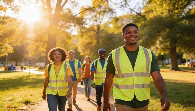 Community volunteers walking through park wearing high-visibility vests during golden hour