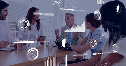 Executive leading data-driven business meeting with augmented reality hud and analytics