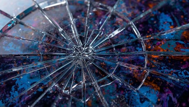 Shattered glass radiating iridescent oil-slick colors from central impact, macro radial