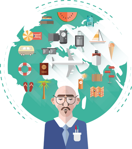 transparent globe with travel symbols and pensive man illustration - Download Free Stock Videos Pikwizard.com