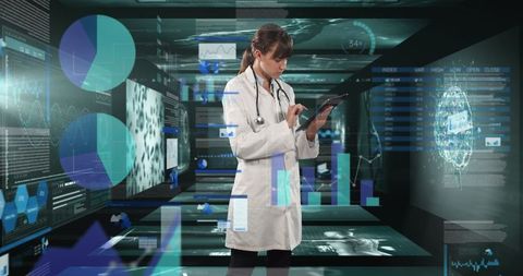 Futuristic Healthcare, Doctor Analyzing Digital Data on Tablet