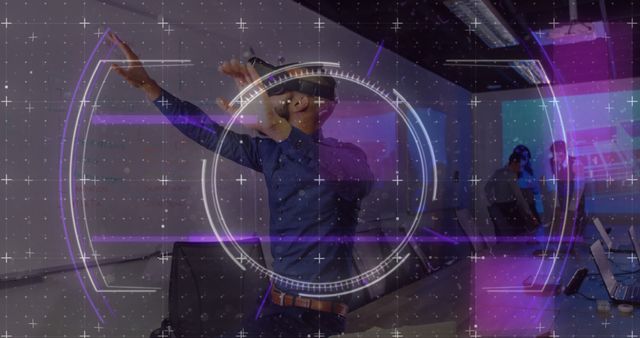 Light trails over scope scanning against african american man wearing vr headset at office. computer interface and technology concept