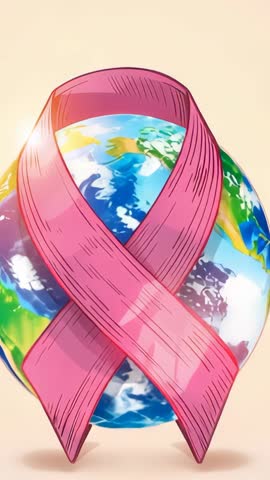 Vertical video showing pink ribbon wrapped around rotating globe promoting breast cancer awareness