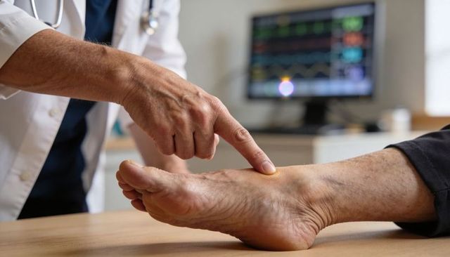 Doctor examining senior patient's foot on exam table checking veins, skin, circulation