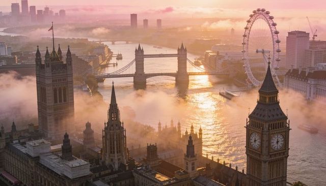 Golden sunrise over london skyline featuring elizabeth tower, tower bridge and london eye