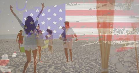 Friends walking on sunny beach with faint american flag overlay for summer lifestyle