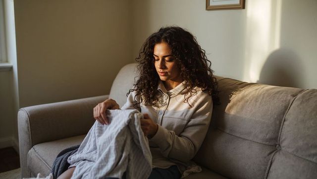 Sunlit woman folding laundry on beige sofa, curly hair, cozy living room moment