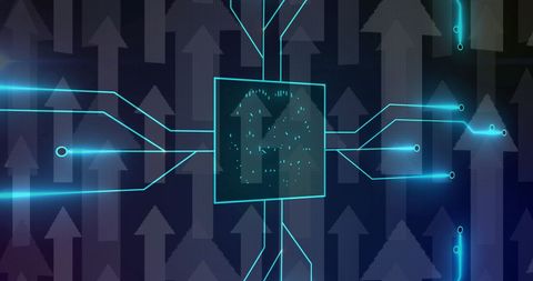 The concept art illustrates the integration of a biometric brain design within a futuristic circuit board, symbolizing advanced digital data processing. Sleek blue lines connect the core system to different nodes, reflecting artificial intelligence and cyber security innovation. Arrows indicate data flow, suggesting connectivity and continuous progress. Ideal as a background for technology and cybersecurity themes, this image suits materials about AI advancements, IT solutions, and digital transformation.