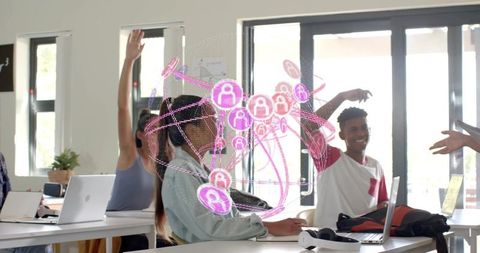 Students Collaborating with AR Network Overlay in Bright Campus Classroom