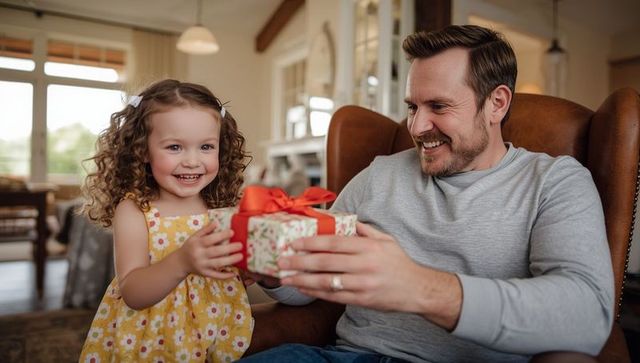 Joyful Father-Daughter Gift Exchange Moment in Cozy Living Room