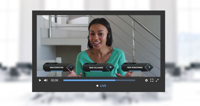 Shows a female content creator engaged in a live stream with visible subscriber and follower notifications. Ideal for illustrating concepts related to live streaming, online engagement, digital marketing, social media influence, and the growth of personal brands. Can be used in blogs, presentations, and articles about content creation strategies and effective communication with online audiences.