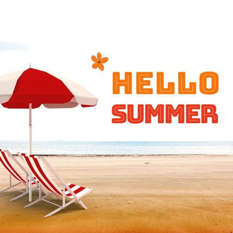 beach scene with sun loungers and umbrella greeting summer - Download Free Stock Templates Pikwizard.com