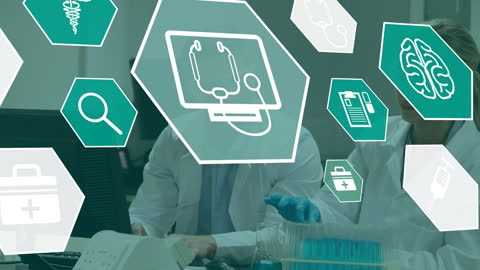 Digital Interface in Laboratory with Healthcare Icons Overlay