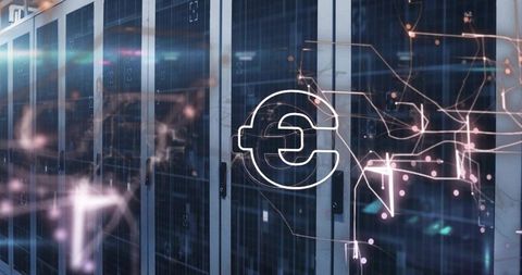 Euro hologram over glass-front server racks in blue data center network security